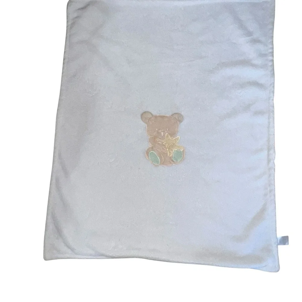 Snugly Baby Teddy Bear White Plush Fleece Blanket Star Green Yellow XOXO 36 X 29